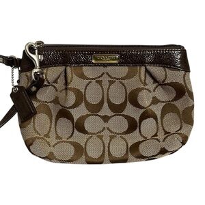 Coach Signature Khaki Brown Wristlet Silver Hardware